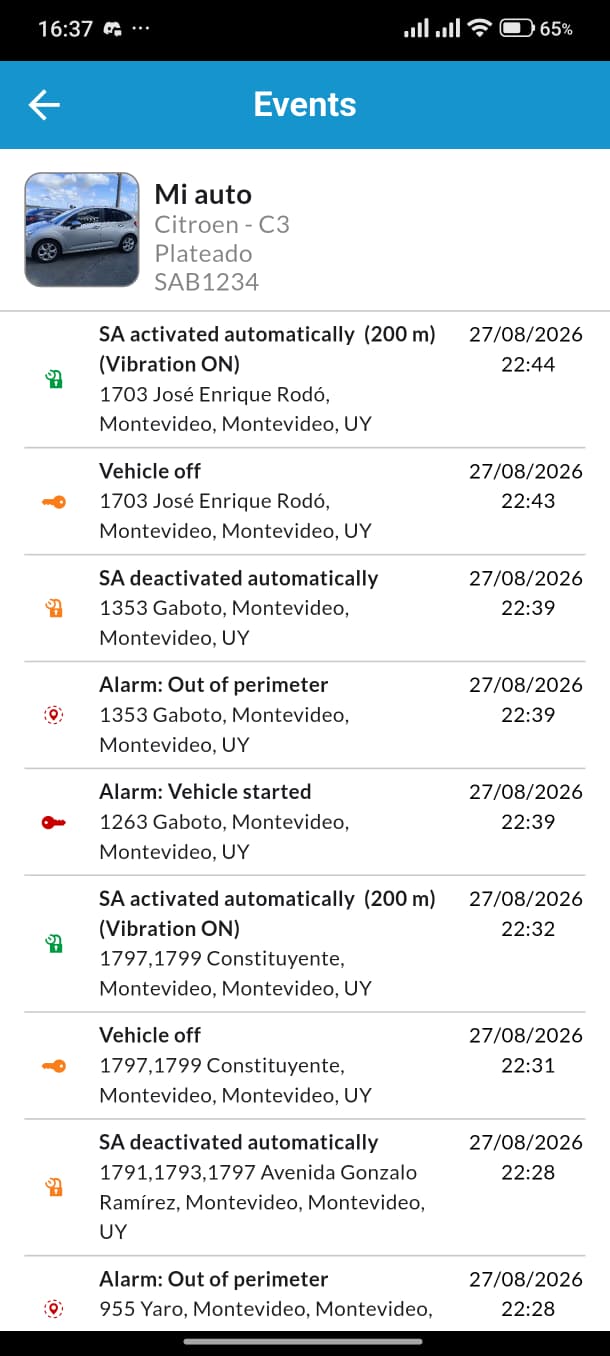App de cliente TOPGPS — historial de eventos: alarma, encendido y eventos de perímetro con fecha, hora y ubicación